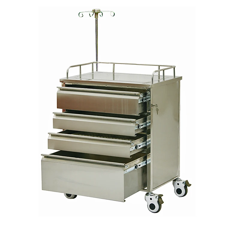Stainless steel hospital emergency trolley medical trolley with drawer