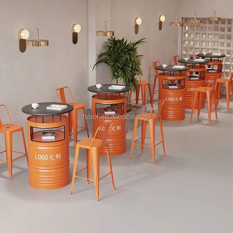 industrial oil drum design restaurant furniture high bar table and chairs high top bar tables and tall chair