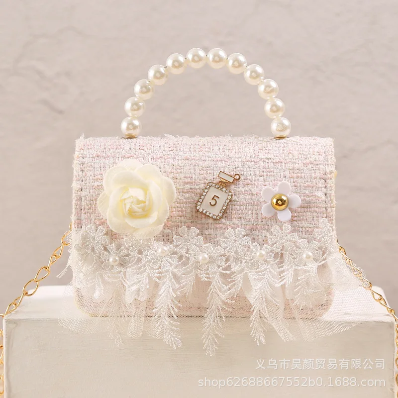 Fashion Autumn Winter New Design Leather Flower Mini Cute Handbag For Girls Small Size Pearl Single Bag Purse