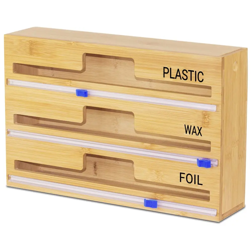 3 in 1 Plastic Wrap Dispenser with Slide Cutter, Bamboo Roll Refillable Wrap Dispenser Suitable for Plastic Wrap, Aluminum Foil