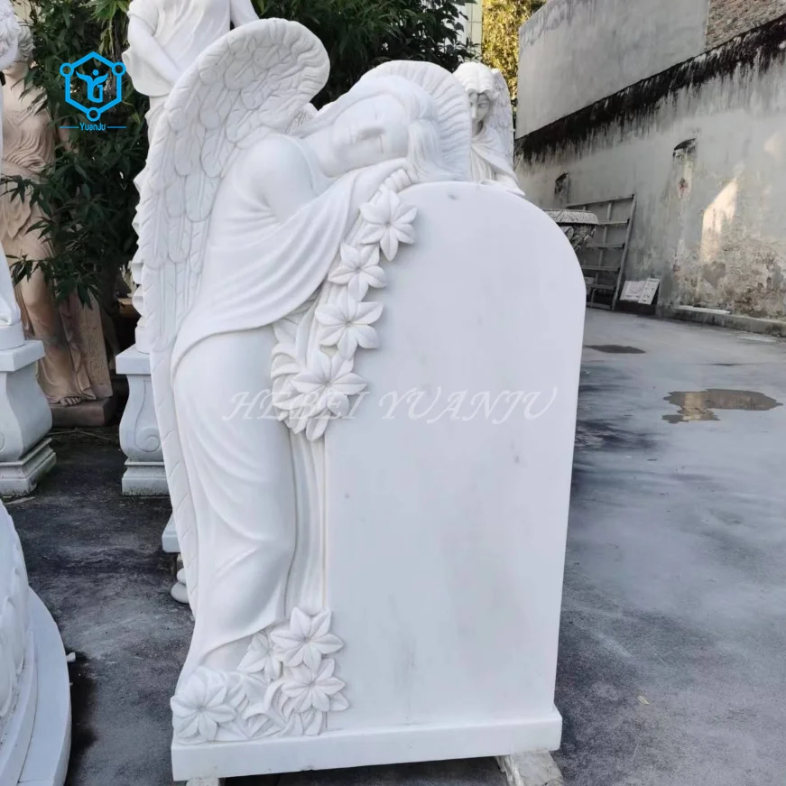 Natural white marble sculpture tombstone with standing angel statue