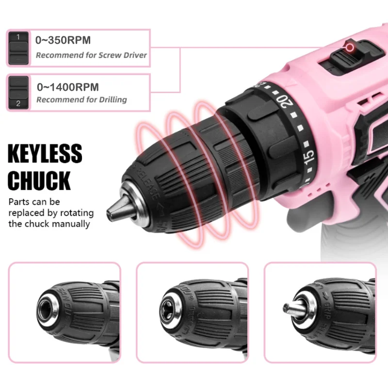20pcs Household 12V Pink Cordless Chargeable Drill Combo Set For Women With 1 Battery And 1 Charger In Cloth Bag For Girl