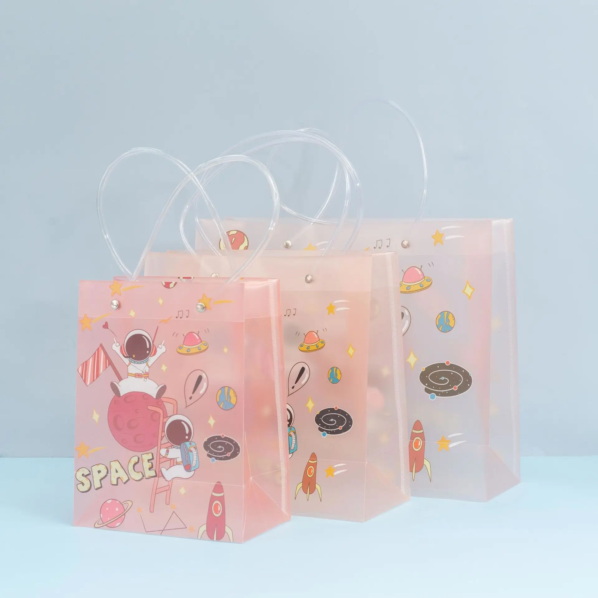 Custom Outer Space Gift Bags Clear Reusable Plastic Christmas Gift Wrap Tote Bags with Handle for Kids Boys Girls