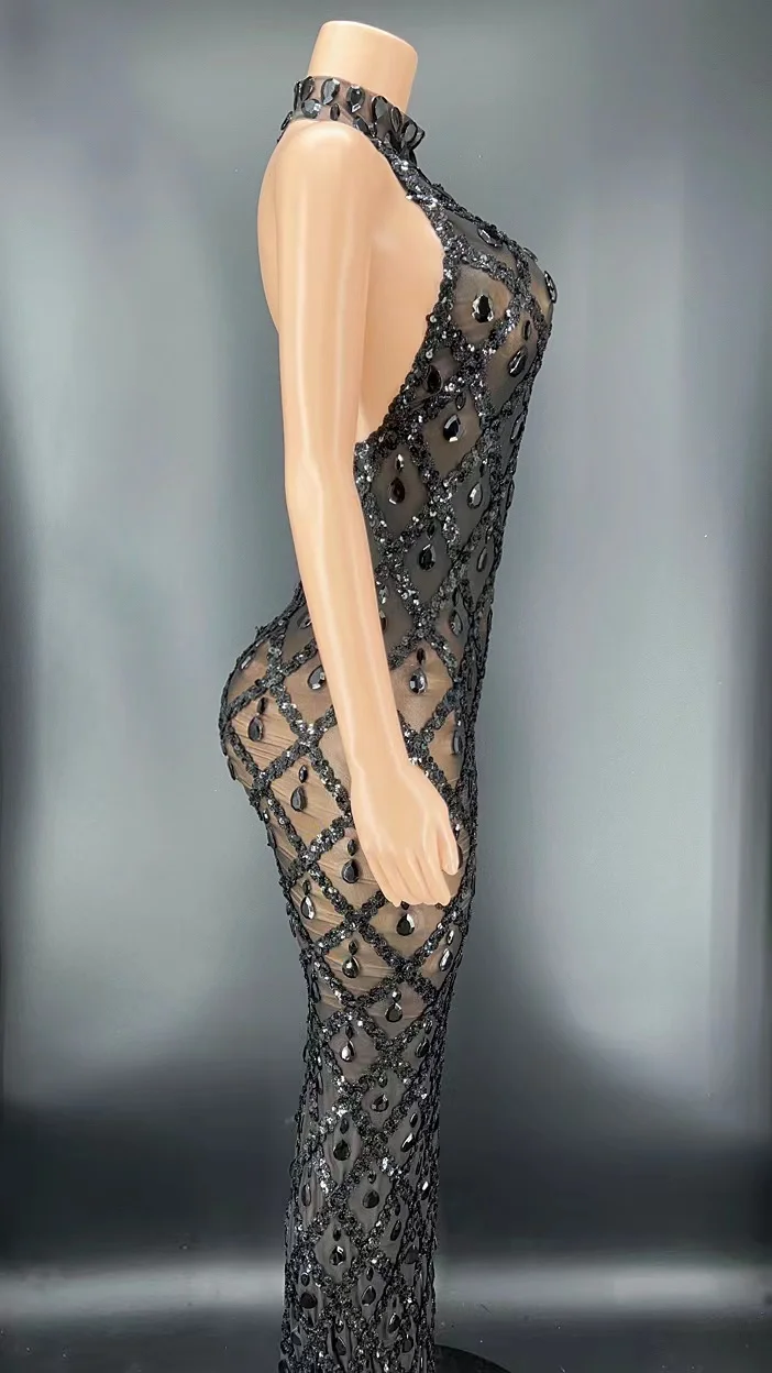 Summer 2022 Lounge Wear Black Crystal Sequin Gown Evening Dresses Fashion  Singer Stage Show Elegant Prom Gown Party Dress