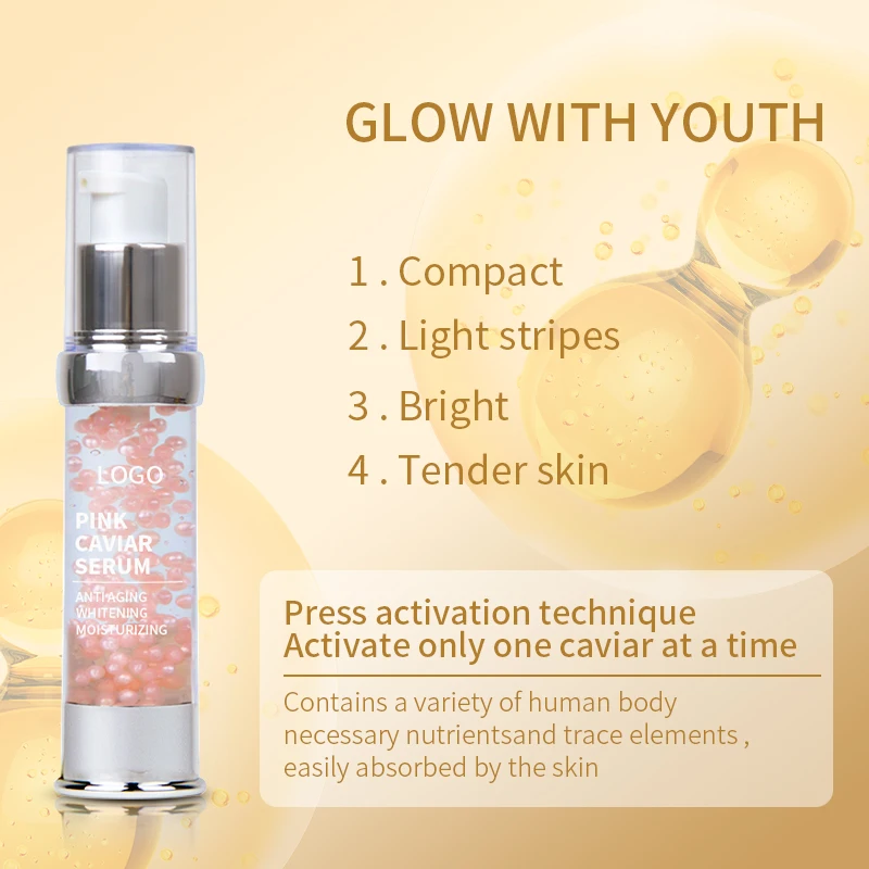 30ml Private Label Organic Anti Wrinkle  Brighten Caviar Extract Anti-aging 24K Gold Caviar Facial Serum