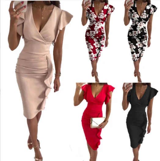 Sexy V-Neck Slim Office Lady Dress Ruffle Short Sleeve Bodycon Knee-length Dresses For Women 2024 Casual Summer Woman Work Dress