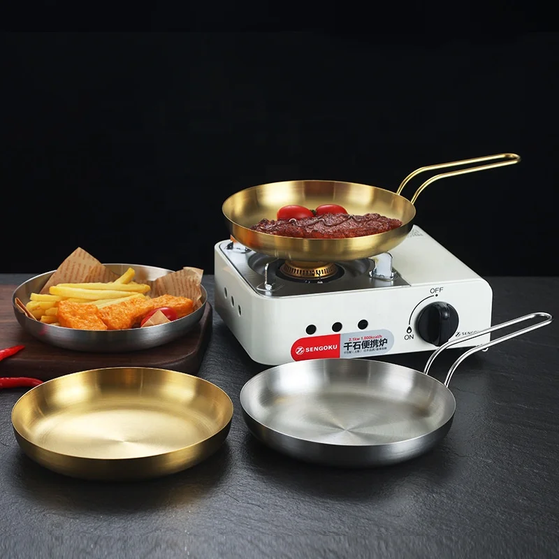 Factory Wholesale Stainless Steel Dinner Plates Korean Gold Round Camping Frying Pan with Handle