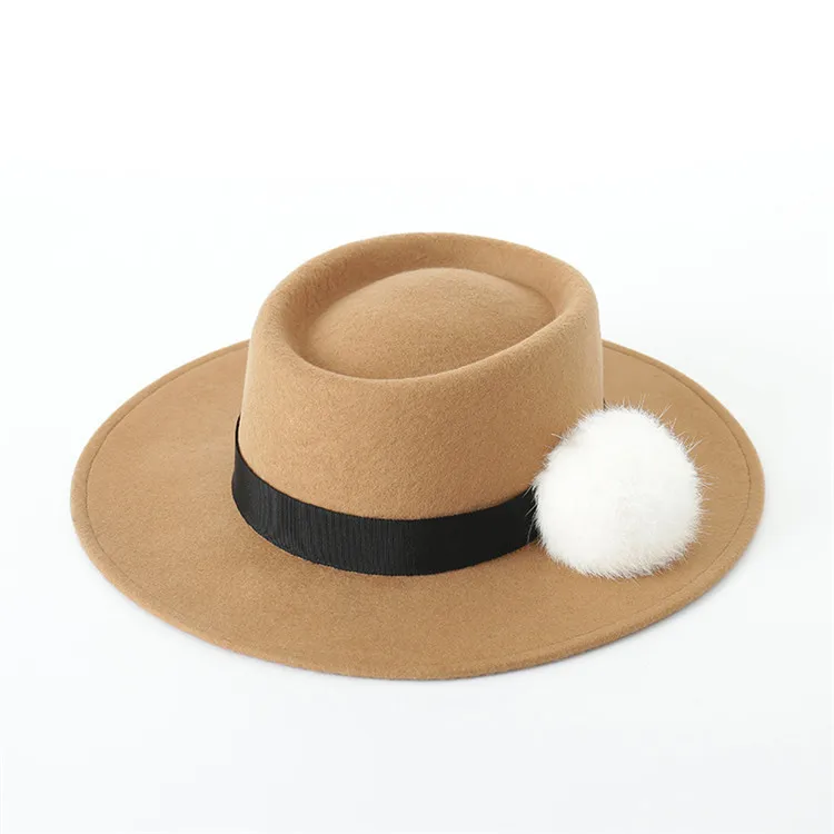 X1270 Unisex British Hats New Rabbit Fur Ball Decorative Wool Flat Hats Ladies Fashion Big Eaves Felt Flat Top Caps Fascinator