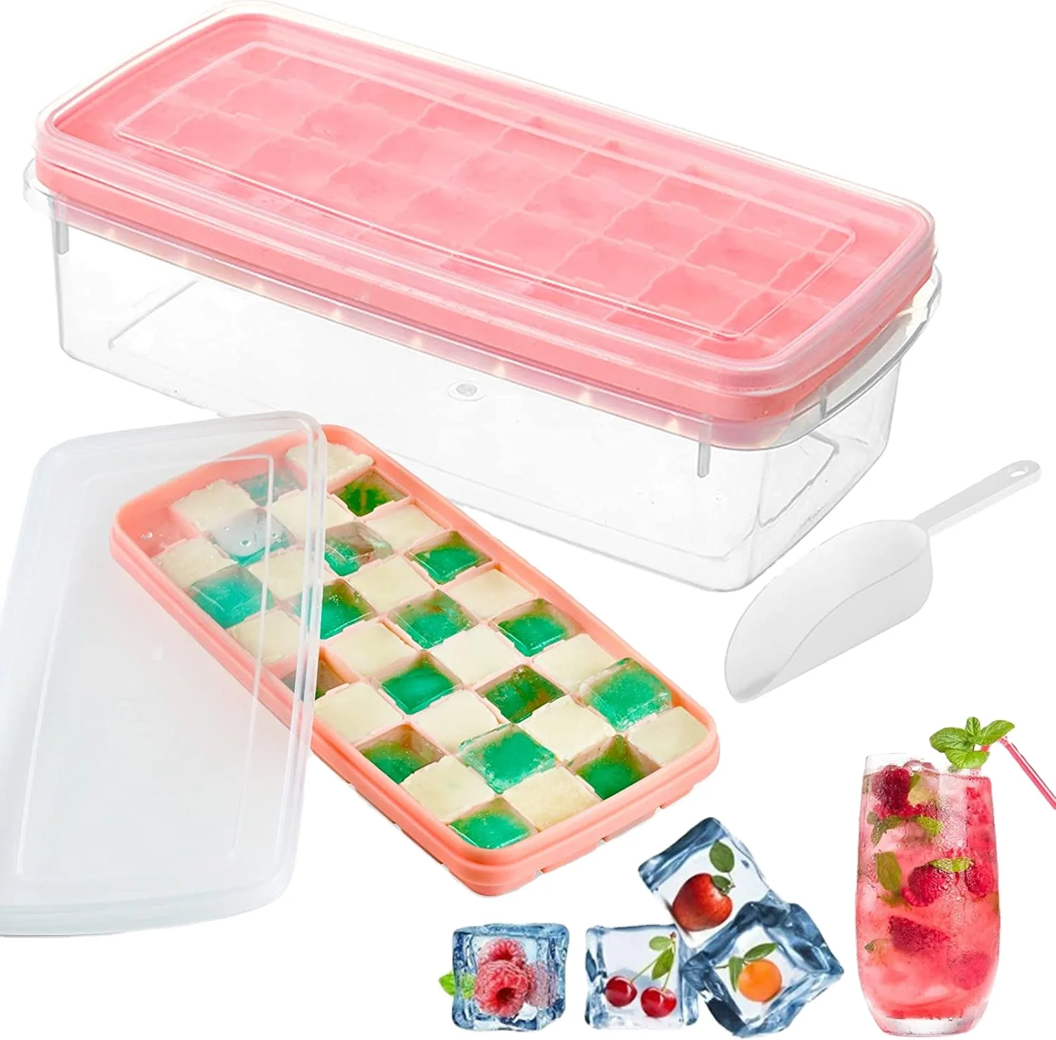 Поднос для кубиков льда с крышкой и корзиной, силиконовые подносы для морозильной камеры, 36 форм для кубиков льда, ложка, легко снимаемая коробка для льда, контейнер для коктейлей