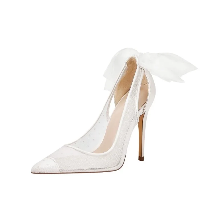 White mesh silk piping embroidery women wedding shoes bridal shoes with back bowknot chaussures de mariée
