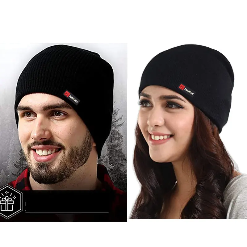 winter custom rubber patch cuffless polyester thermal fleece lined beanie hat