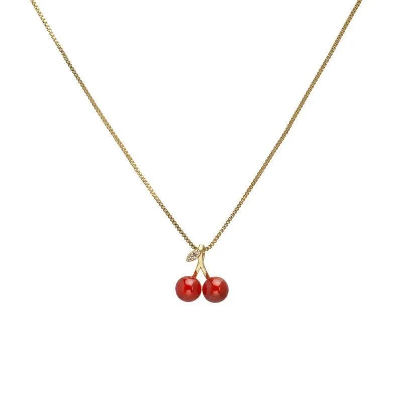 Cute Design 18k Real Gold Plated Korean Design Cherry Pendant Necklace Set