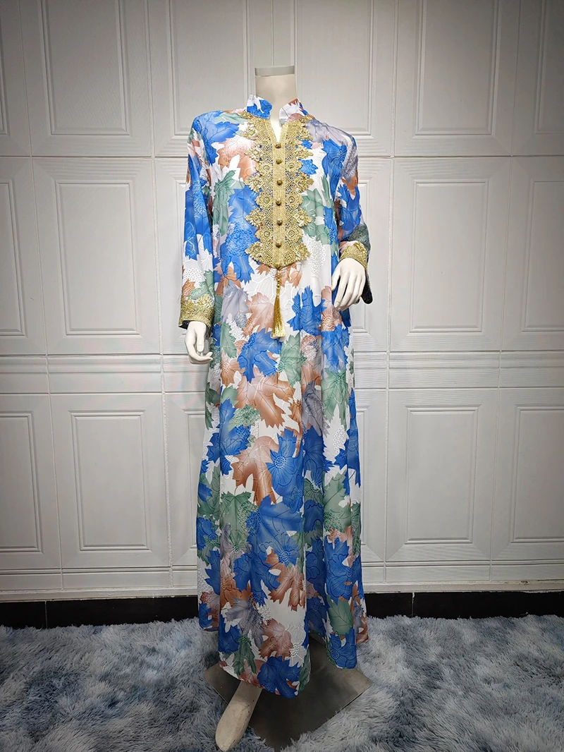 2024 Latest Fashion Modest Kaftan Robe Dress Embroidery Arab Dubai Printed Jalabiya Caftan Dress Muslim Women Kaftan
