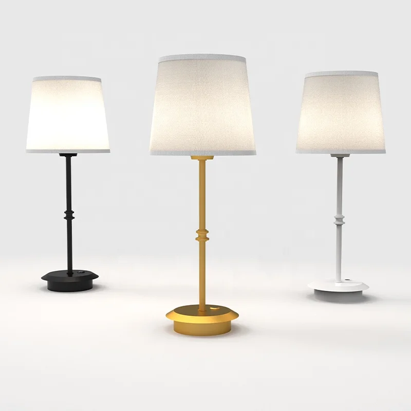 Desk Modern Gold Brass Battery Rechargeable Restaurant Cordless Fabric Shade E27 Bulb LED Table Lamp