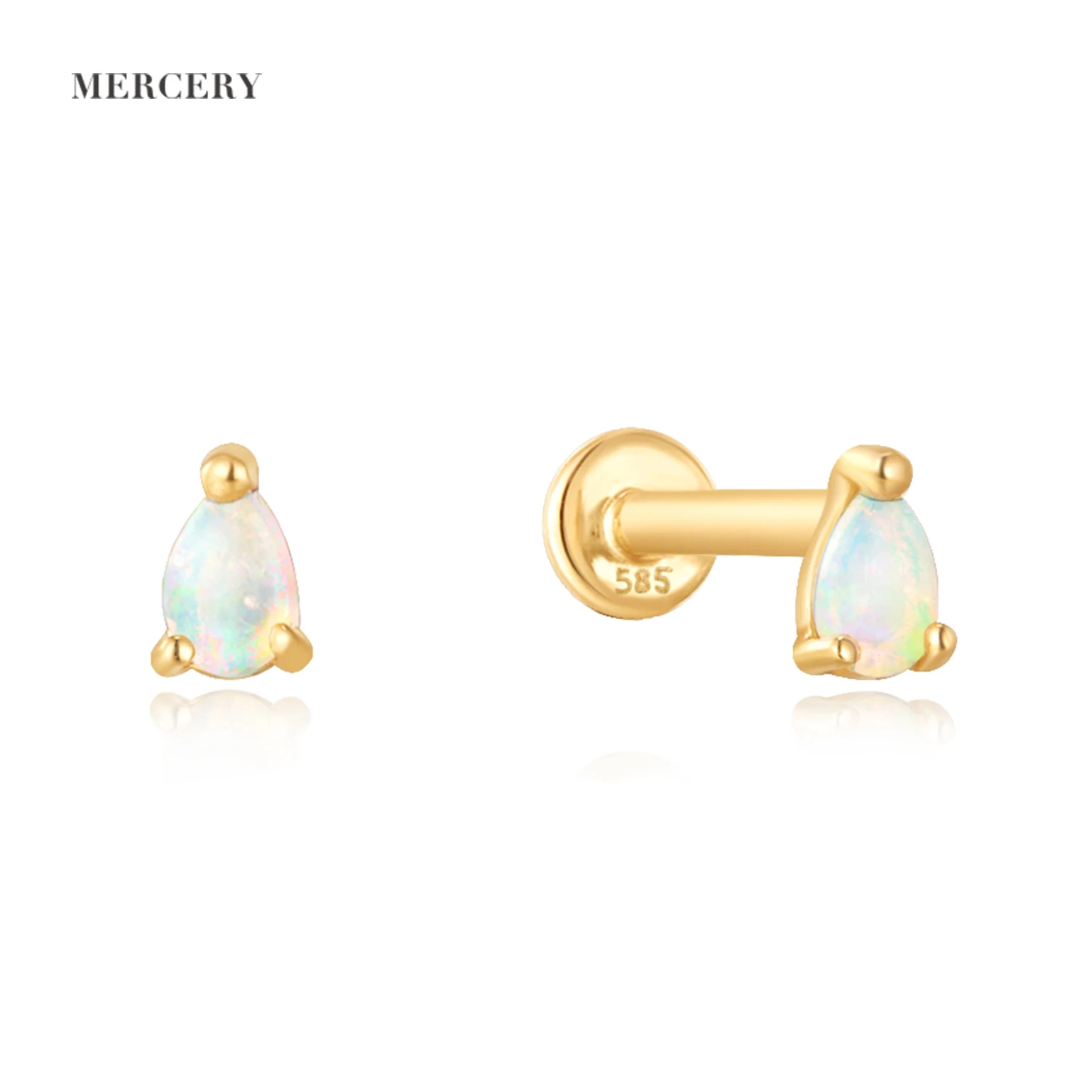 Mercery Jewelry Fine Piercing Solid Gold Flat Back Screw 14K Stud Opal Helix Cartilage Tragus Conch Real Gold Earring Piercing
