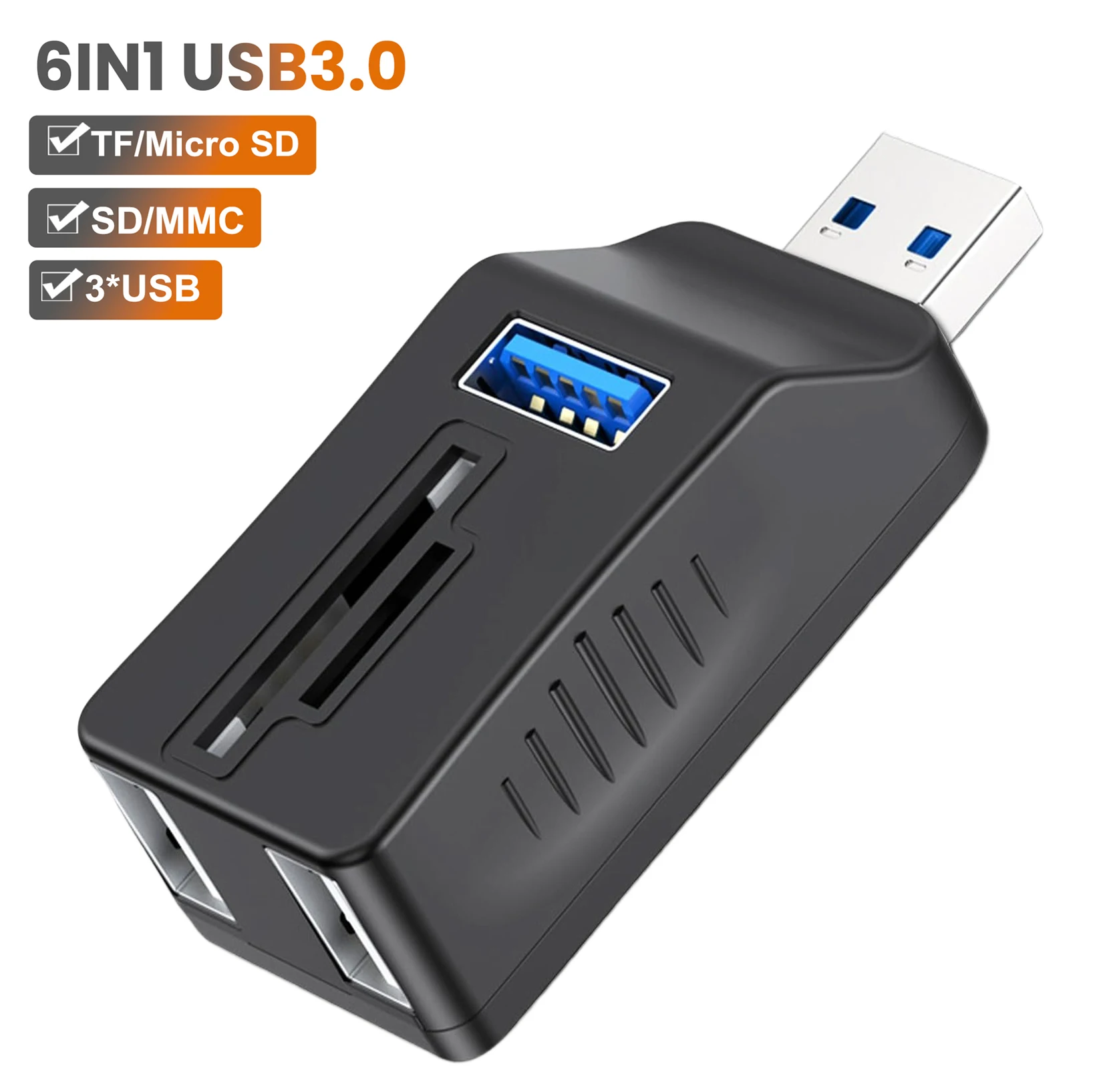 EONLINE OEM LOGO 6IN1  USB 3.0/2.0 Hub Card Reader USB Extender Adapter with Memory SD/TF CardReader Ports USB Splitter