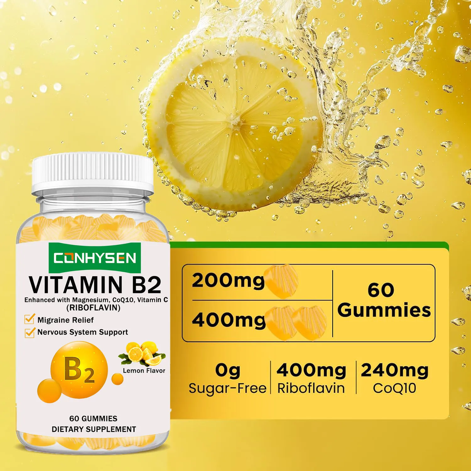 Vitamin B2 Gummies Sugar Free Riboflavin 400mg Magnesium Supplement Support Nervous System