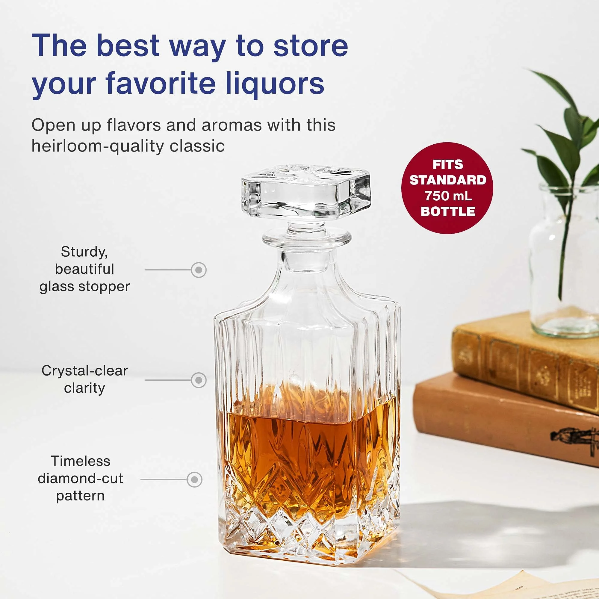 Wholesale 25 oz 750ml Modern Square Crystal Clear Whiskey Bottle Decanter with Glass Stopper for Alcohol Bourbon Liquors Vodka