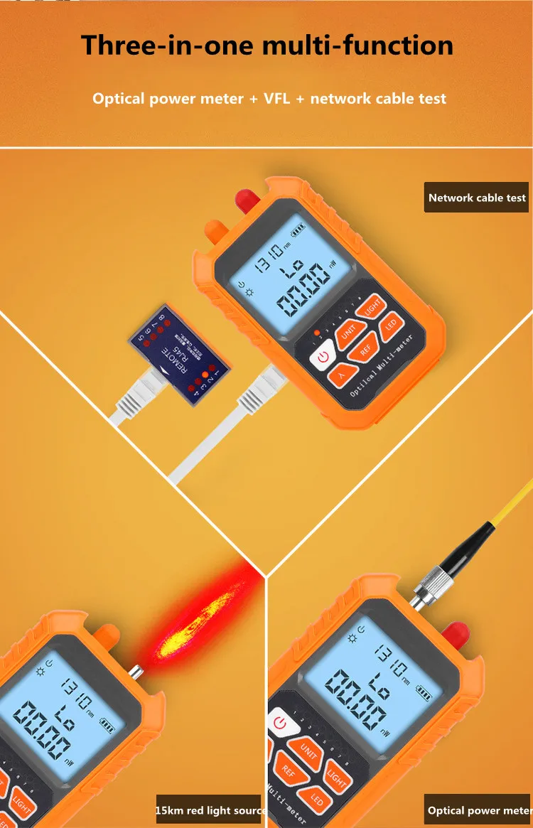 Ftth 3-in-1 Handheld Fiber Optic Mini Optical Power Meter -70+3 dBm Laser Source 5KM 15KM Network Cable Test