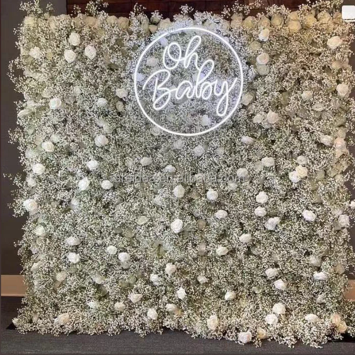 Hot 8ft*8ft Baby Breath Orchid White Rose Flower Wall Artificial Silk Decorative Wedding Backdrop for Events and Parties