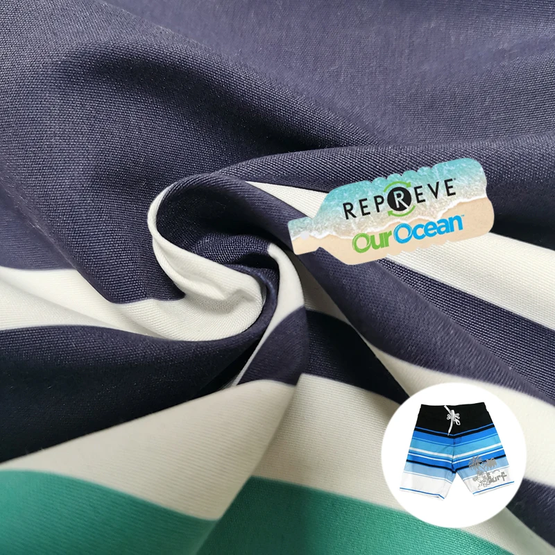 100% Polyester Marine Recycled Fabric White Stripe Beach Pants Fabric 75D Recycled Polyester Printed Beach Shorts Fabric
