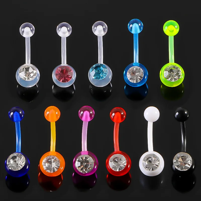 NUORO New Popular Acrylic Inlaid Diamonds Navel Nail Piercing Jewelry Colorful Soft Rod Pave Zircon Belly Button Ring