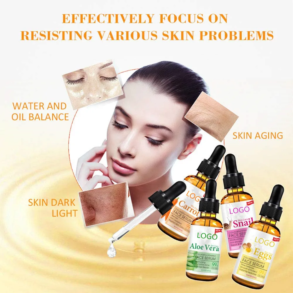 Private Label 99% Aloe Vera Carrot Snail and Eggs Whitening Face Serum Set with Vitamin E and Collagen