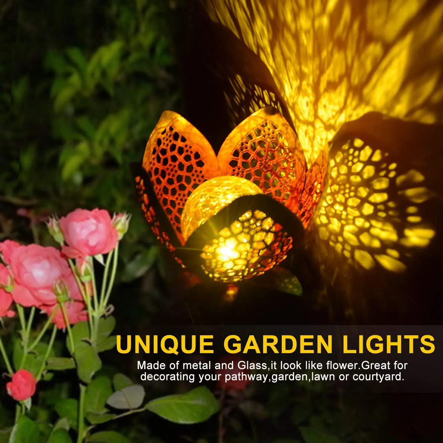 
Beautiful Metal Hollow Rose Flower Pattern Solar Power Glass Globe Lawn Lights for Landscape Garden Decoration Holiday Lighting 