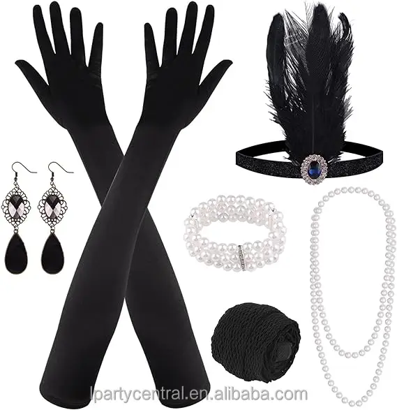 LP Black 1920s Accessories Set  Great Gatsby Flapper Costume for Women  Headband Gloves  Cigarette Holder Necklace Bracelets