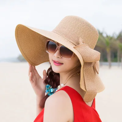 Wholesale colorful and stylish big folding straw hat with big floppy ribbon beach hat gorras verano 2020