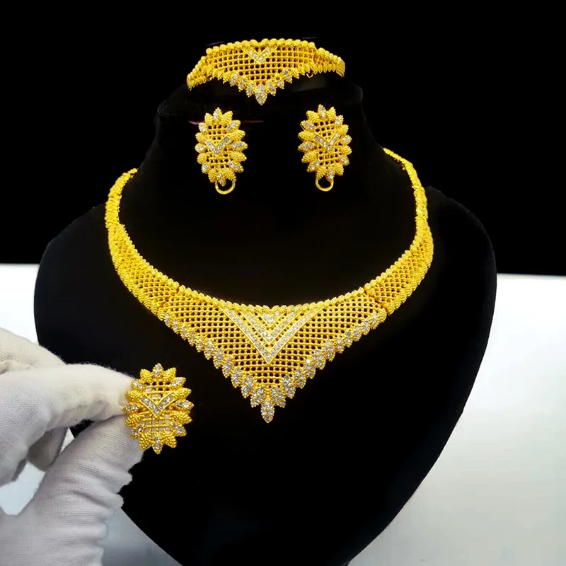 Bridal Indian Set 2024 24K Gold Dubai Wedding Rings Jewelry Gold Jewelry Necklace 24K Dubai Gold Jewelry 24K