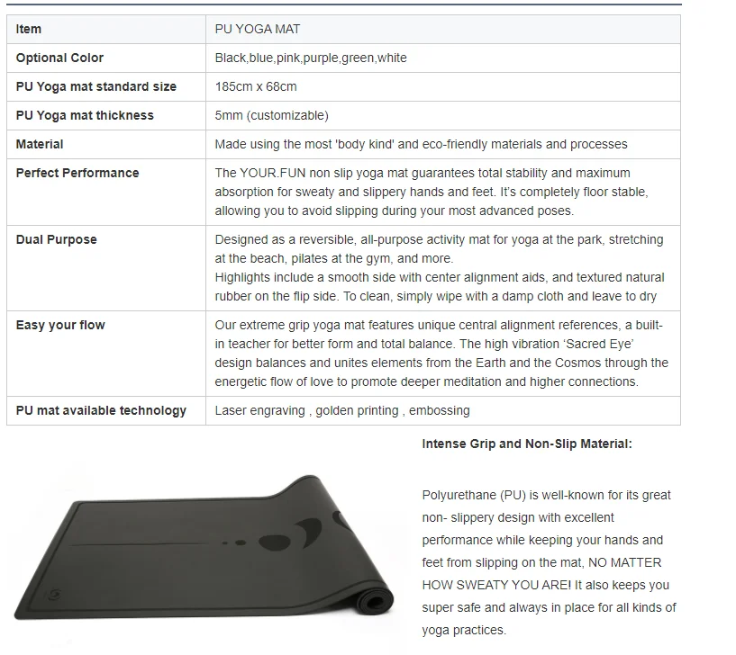 easy to clean coconut biodegradable PU leather yoga mate, exercise polyurethane black customized gym Yoga Mat With logo