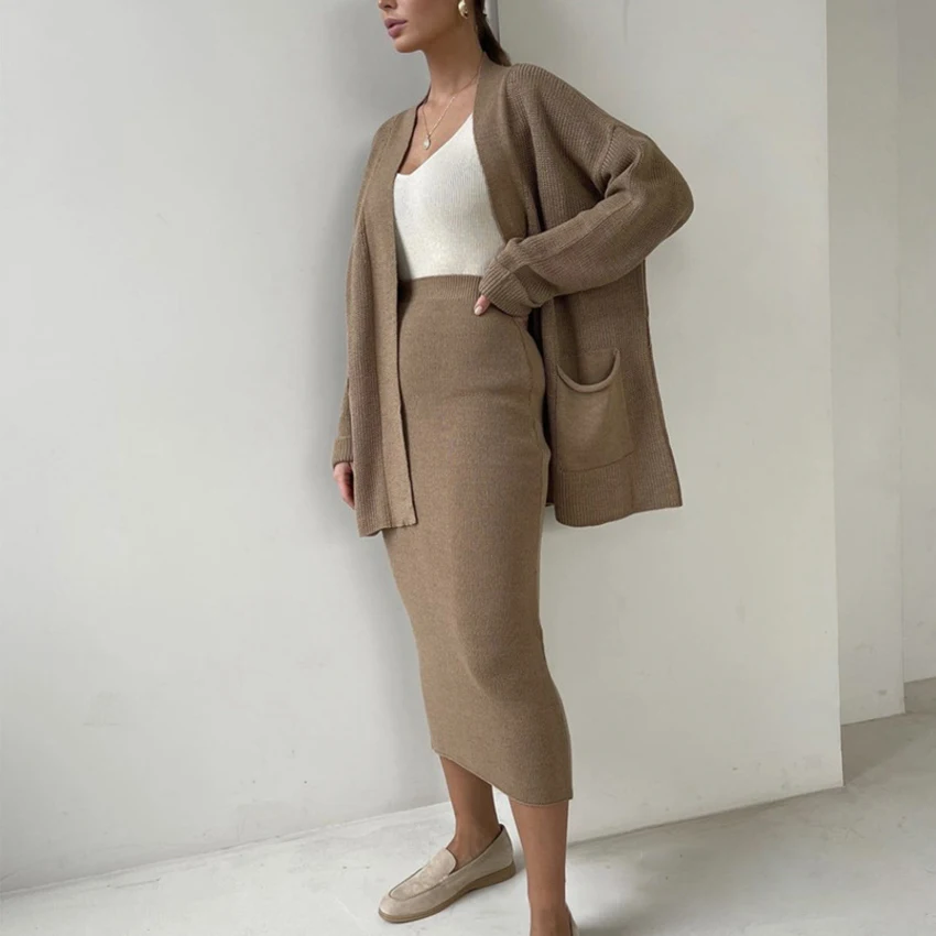 OOTN 2024 New Knitwear Set Autumn Winter Cardigan Sweater For Women Loose Belted High-Waist Skirt Fashion Knitted Top Suits