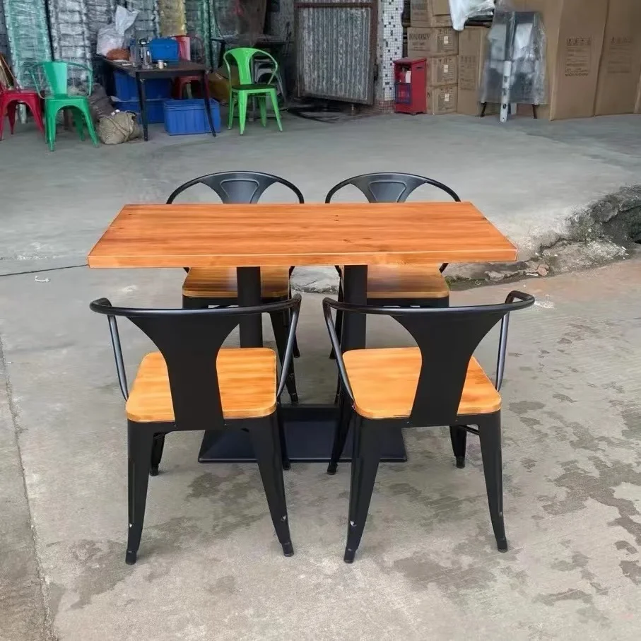 Factory Cheap Durable Industrial Stackable Vintage Metal Restaurant Dining Tolixes Chairs Table Set Pine Wood