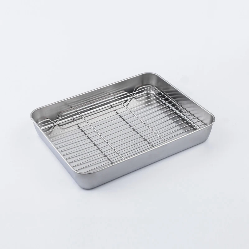 Oblong Baking Tray With Wire Rack Set Half Sheet Pan Food Grade Stainless Steel Oven Tray Mirror Finished Easy Clean for Cooking