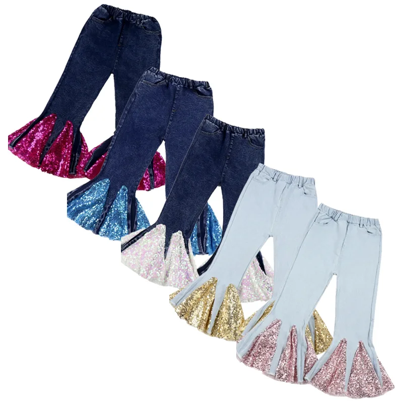 Girl Sequin Flare Pants Jeans Bell Bottoms Kids Jeans
