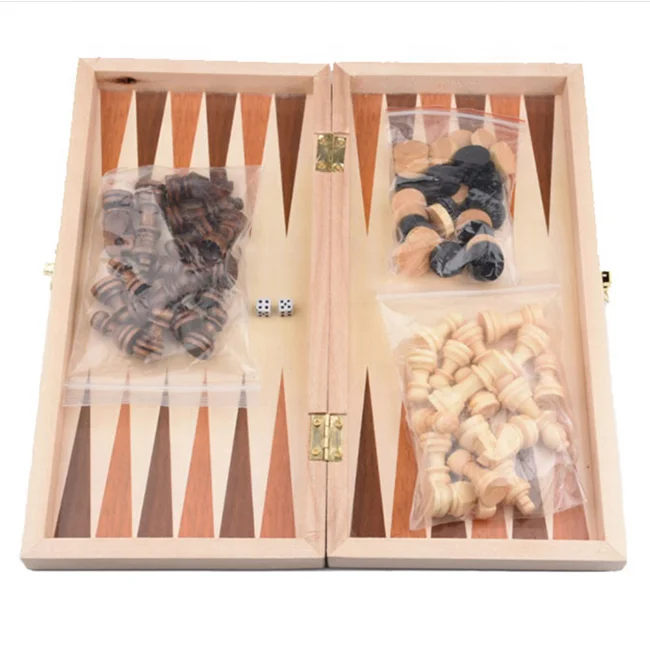 3-in-1 Wooden Chess Set for Adults and Kids, Chess & Checkers & Backgammon Folding Board Portable Travel Tabletop Game Toy
