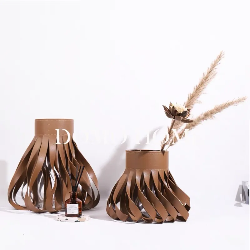 Flower Vase Leather Centerpiece Flower glass vase Eco-friendly leather cover Flower Pot Holder Shelf Decorative Home Decor