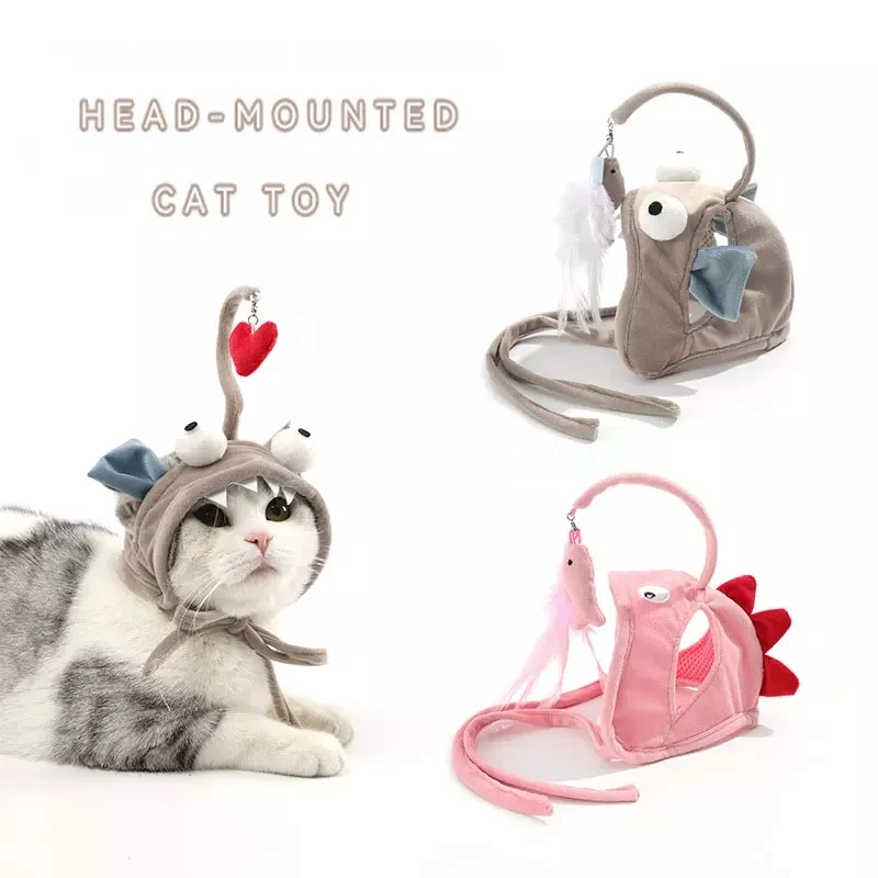 Cute Cat Teaser Cat Toys Plush Head Feather Teaser Stick Creative Weird Little Dinosaur Self-help Pet Headgear Toys