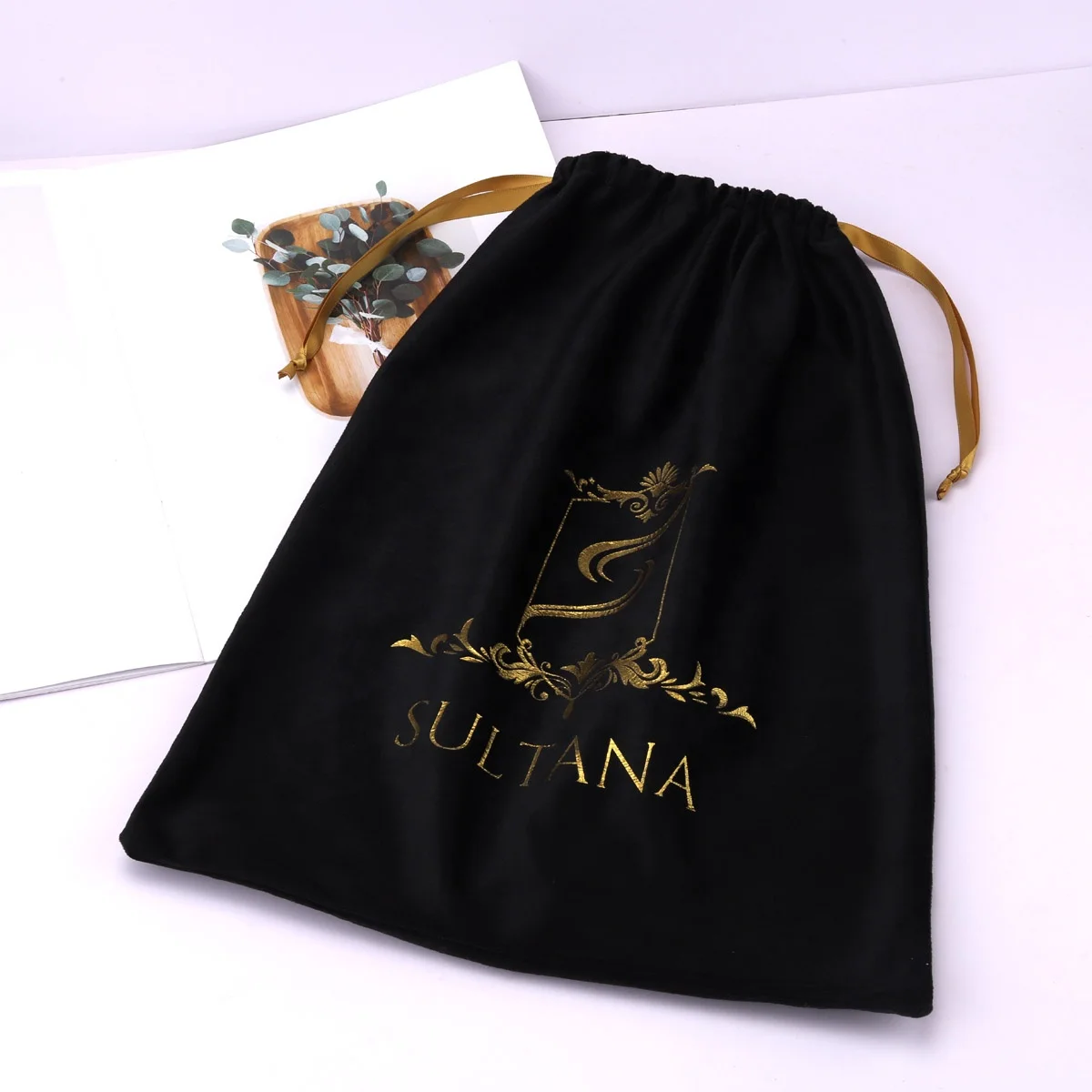 High End Custom Gold Logo Printed Velvet Dust Bag For Hat Drawstring Hair Dryer Storage Velvet Packing Pouch Bag