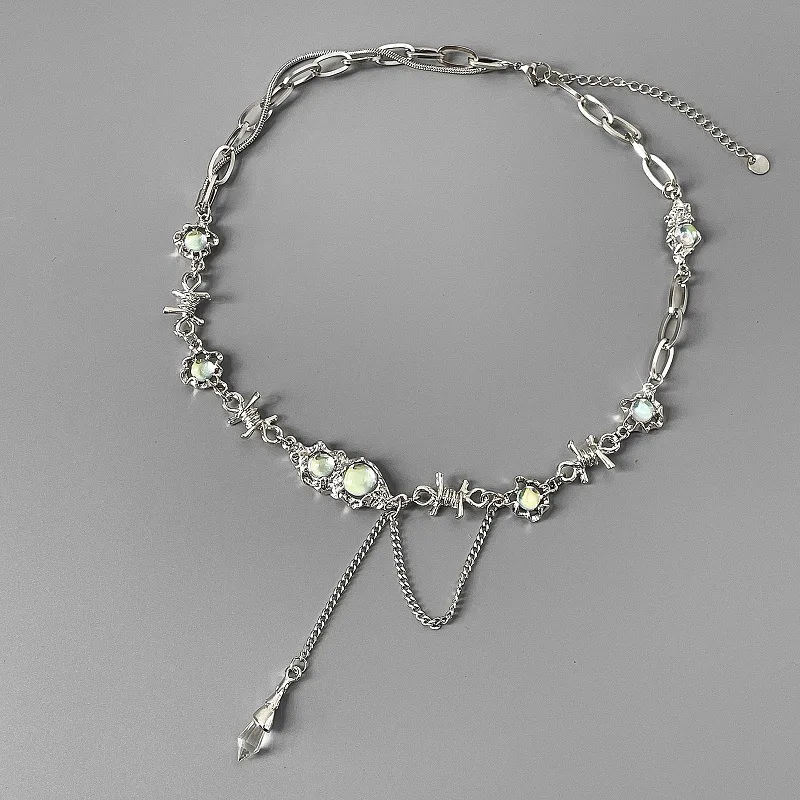 Korean Trendy Designer Sliver Plated Irregular Fold Chain Moonstone Crystal Tassel Necklace Jewelry for Women