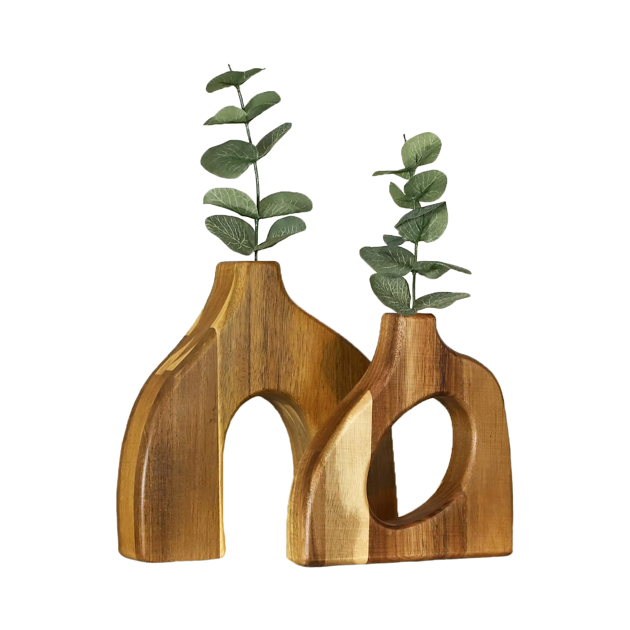 Wood Vase Decorative for Tables Shelves Mantles Boho Vase Display Faux Flowers Plants Short Cute Wooden Vases Home Gift Unique