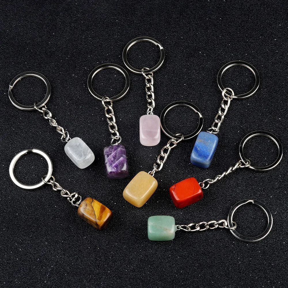 Natural Gemstone Tumble Stone Pendant Keychain Rings Reki Healing Stone Crystal Rose Quartz Lovely Key Chain with High Quality