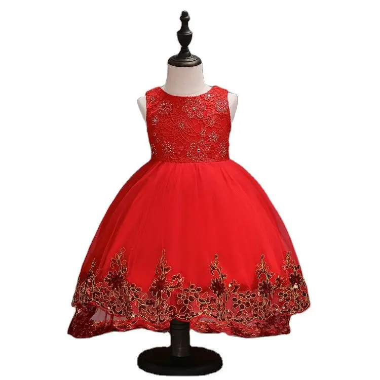 High-grade red wedding gown kid Birthday party dress Girl Flower Dress for 10 years old