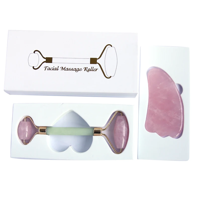 Custom logo facial massage rose quartz crystal stone gua sha tools set jade roller massager for face