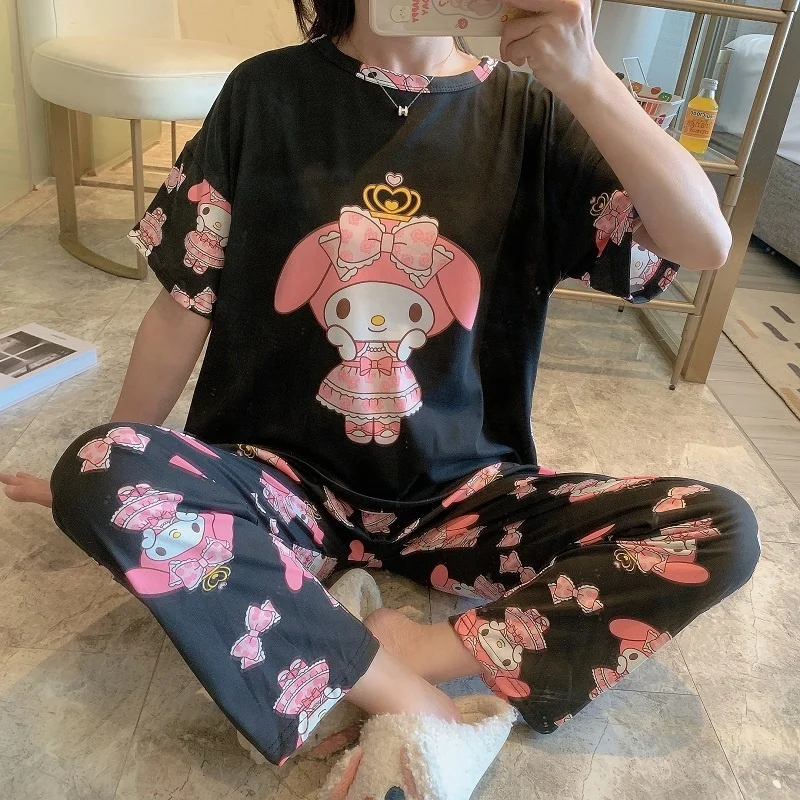Wholesale cartoons printed short sleeves pajamas milk silk two piece set sleepwear Korean cute casual night wear for lady