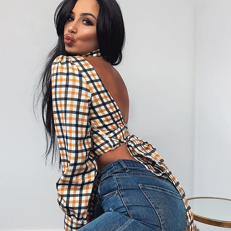 Womens Clothing Fashion Plaid Bandage Long Sleeve Shirt Women Slim Short Blouse
