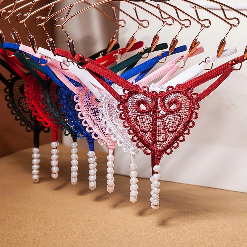 Female Embroidered Heart Shape Message Pearl Crotchless T Back G-String Thongs Women Underwear