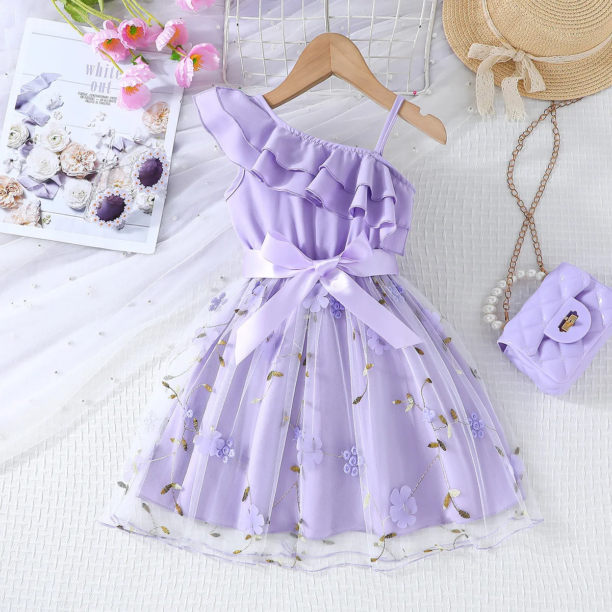 2025 Summer Boutique Beautiful Kids Clothing One Shoulder Lace Flower Princess Girls Dresses