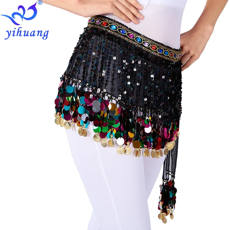 Women Hot Sale Halloween Costumes Hip Skirt Sexy Sequined Tassel Bellydance Hip Scarf Festival Wrap Mini Skirt with Sequins Coin